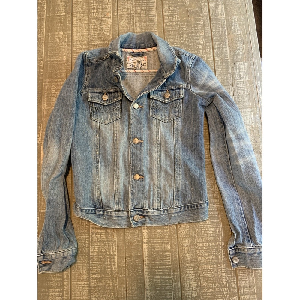 Vintage Abercrombie Fitch‎ Denim Jacket Girls L Cropped Distressed Biker Large